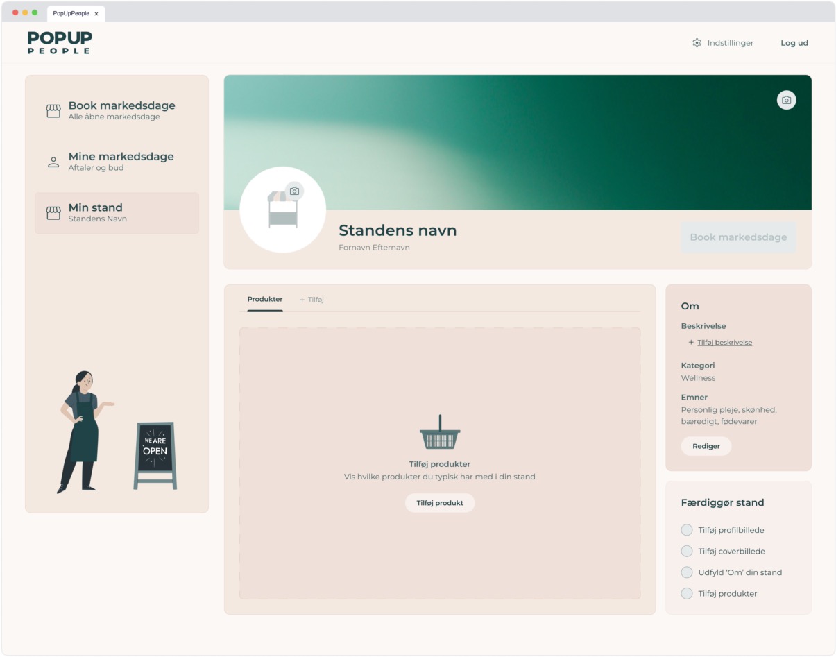 Vendor dashboard home showing placeholders for cover and profile images, stand name, empty product section with a "TilfĆøj produkter" button, and a sidebar with a completion checklist.